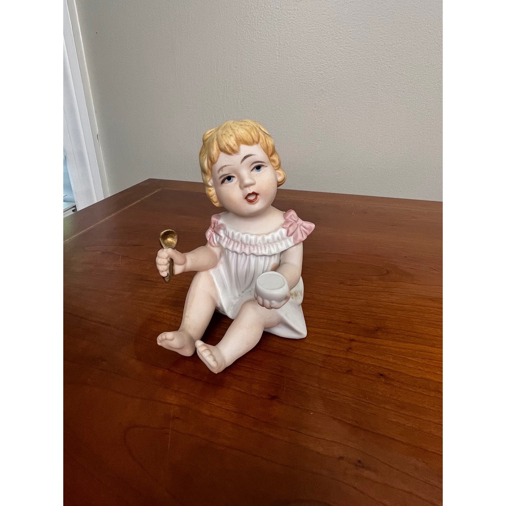 Royal Crown Porcelain Figurine Girl with Gold Spoon and Bowl Vintage Bisque